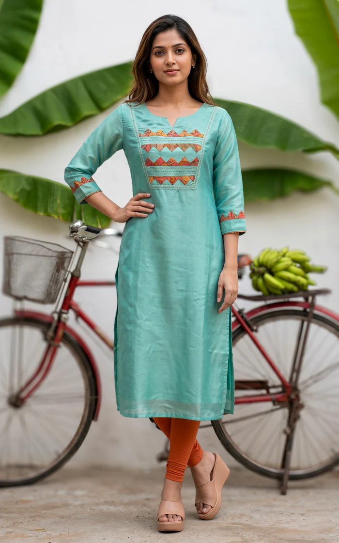 Minimal Embroidered Straight Kurti – Mint Green & Orange